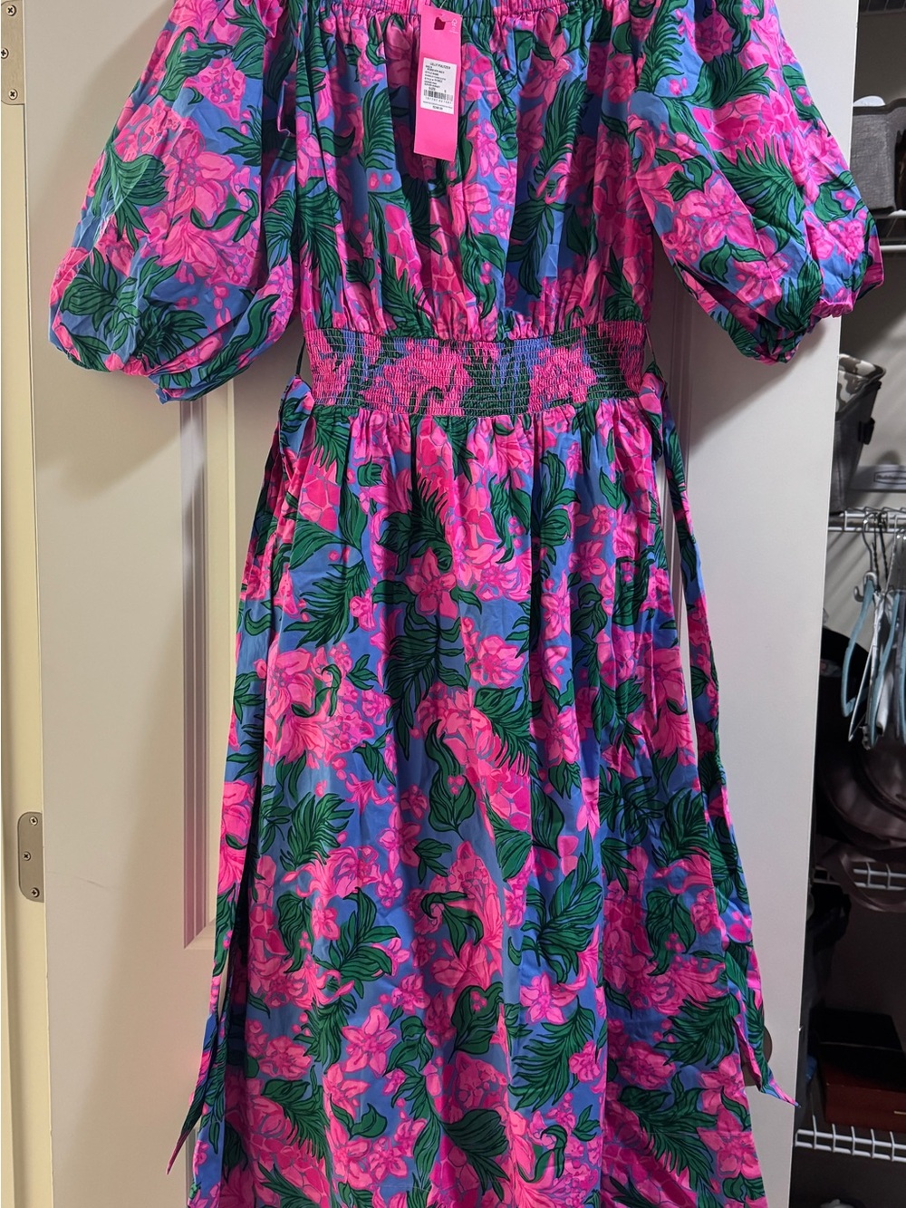 Lilly Pulitzer Pink and Green Floral Off-Shoulder Midi Dress